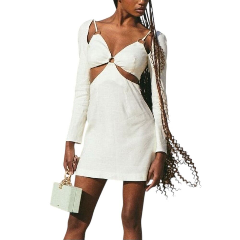 Cult Gaia Mia Linen Blend Long Sleeve Cut Out Mini Dress XS in Off White